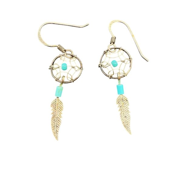 925 Sterling Silver Blue Beaded Feather Dream Catcher Dangle Drop Earrings - Picture 1 of 4